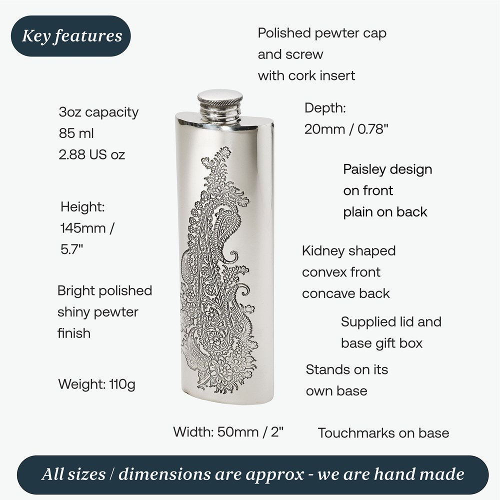 3oz Single Paisley Pewter Purse Flask 3oz Single Paisley Pewter Purse Flask