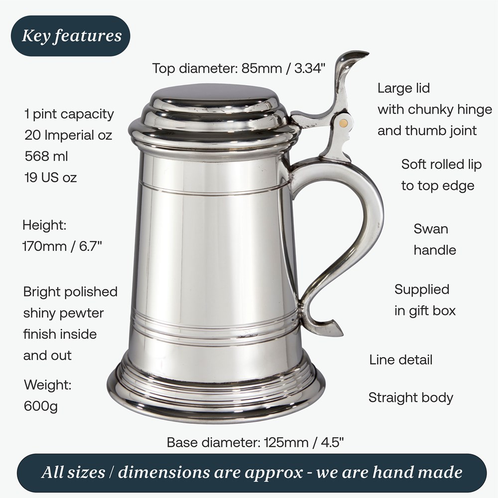One Pint Balmoral X Range Lidded Pewter Tankard One Pint Balmoral X Range Lidded Pewter Tankard