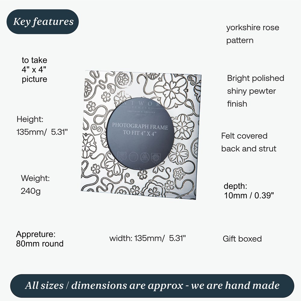 Square Yorkshire Rose 4"X4" Pewter Picture Frame Square Yorkshire Rose 4"X4" Pewter Picture Frame