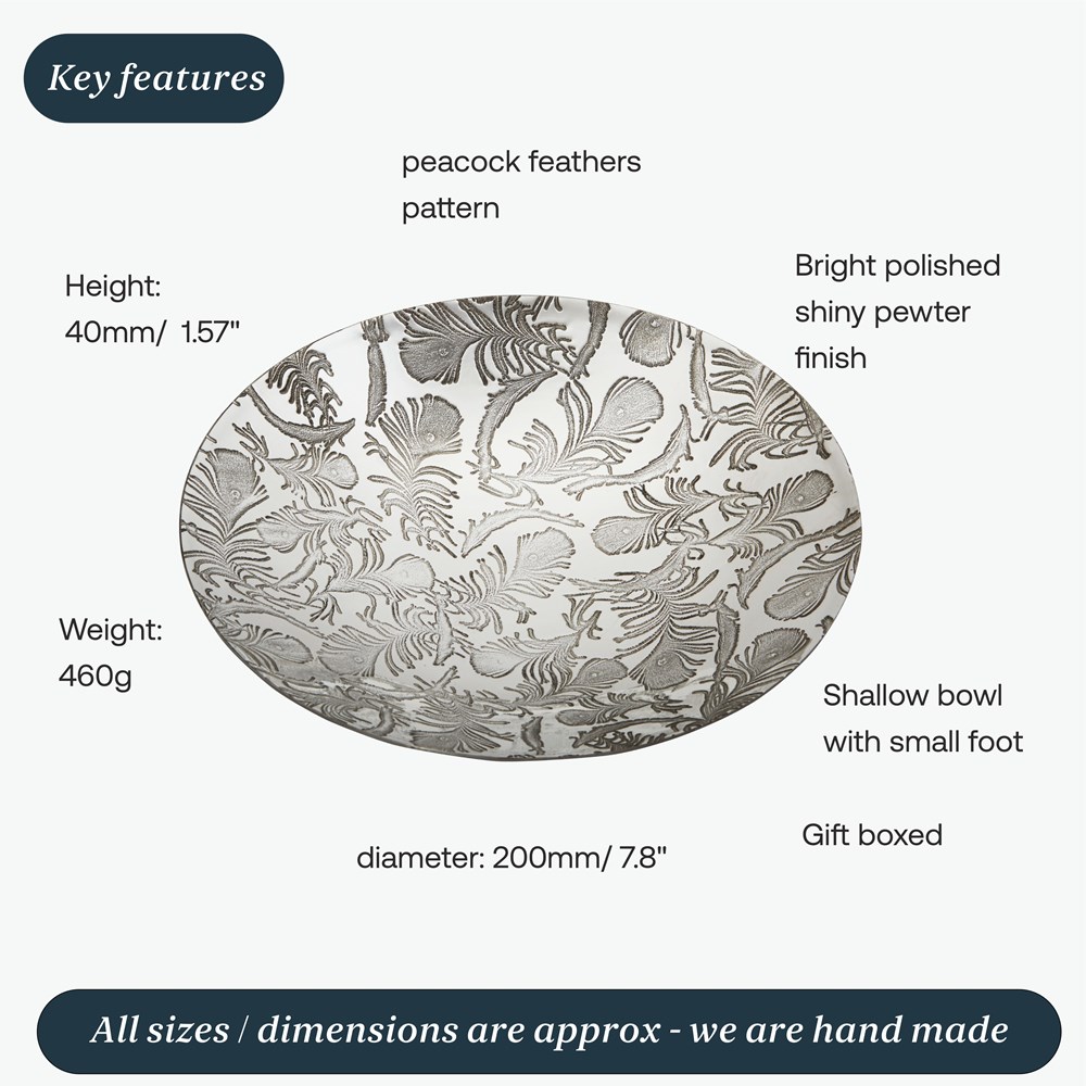 Peacock Feathers Pewter  Bowl Peacock Feathers Pewter  Bowl