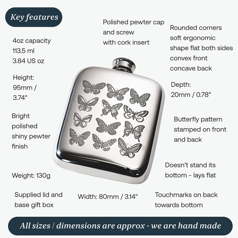 4oz Butterfly Pewter Pocket Flask 4oz Butterfly Pewter Pocket Flask