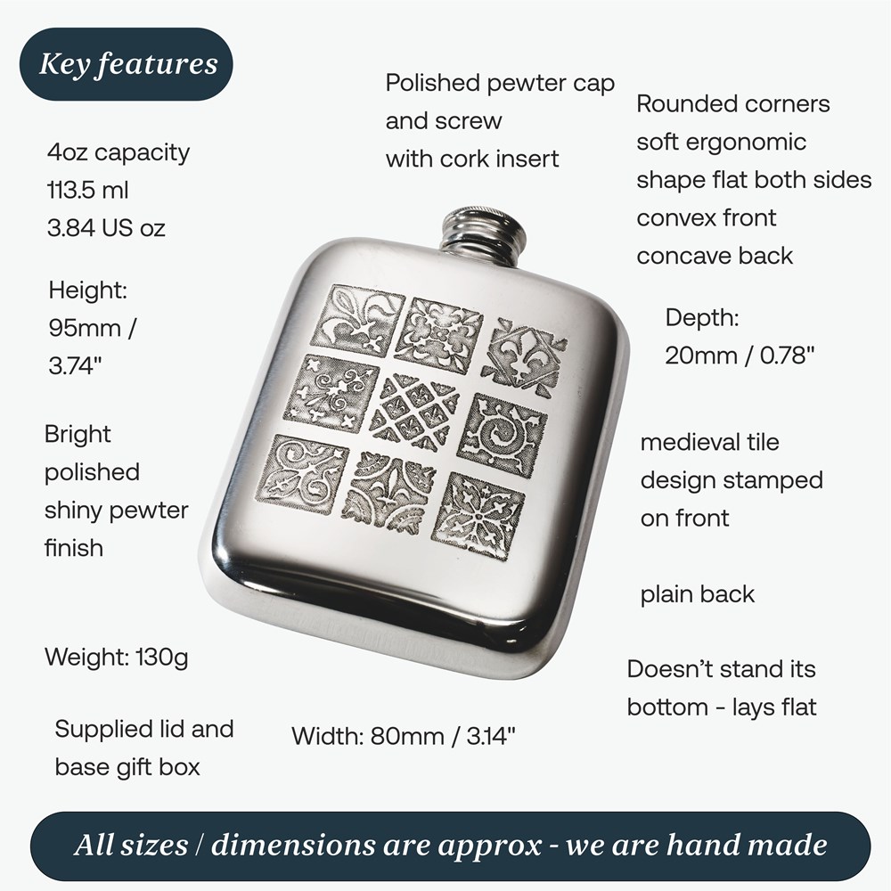 4oz Medieval Tile Pewter Pocket Flask 4oz Medieval Tile Pewter Pocket Flask