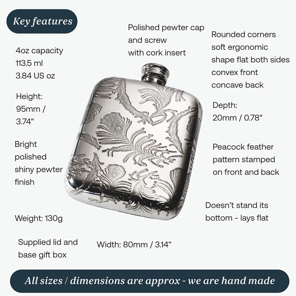 Peacock Pattern 4oz Pewter Pocket Flask Peacock Pattern 4oz Pewter Pocket Flask