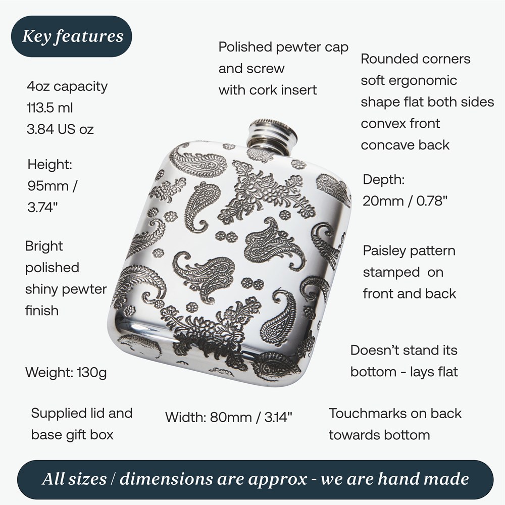 4oz Paisley Pewter Pocket Flask 4oz Paisley Pewter Pocket Flask