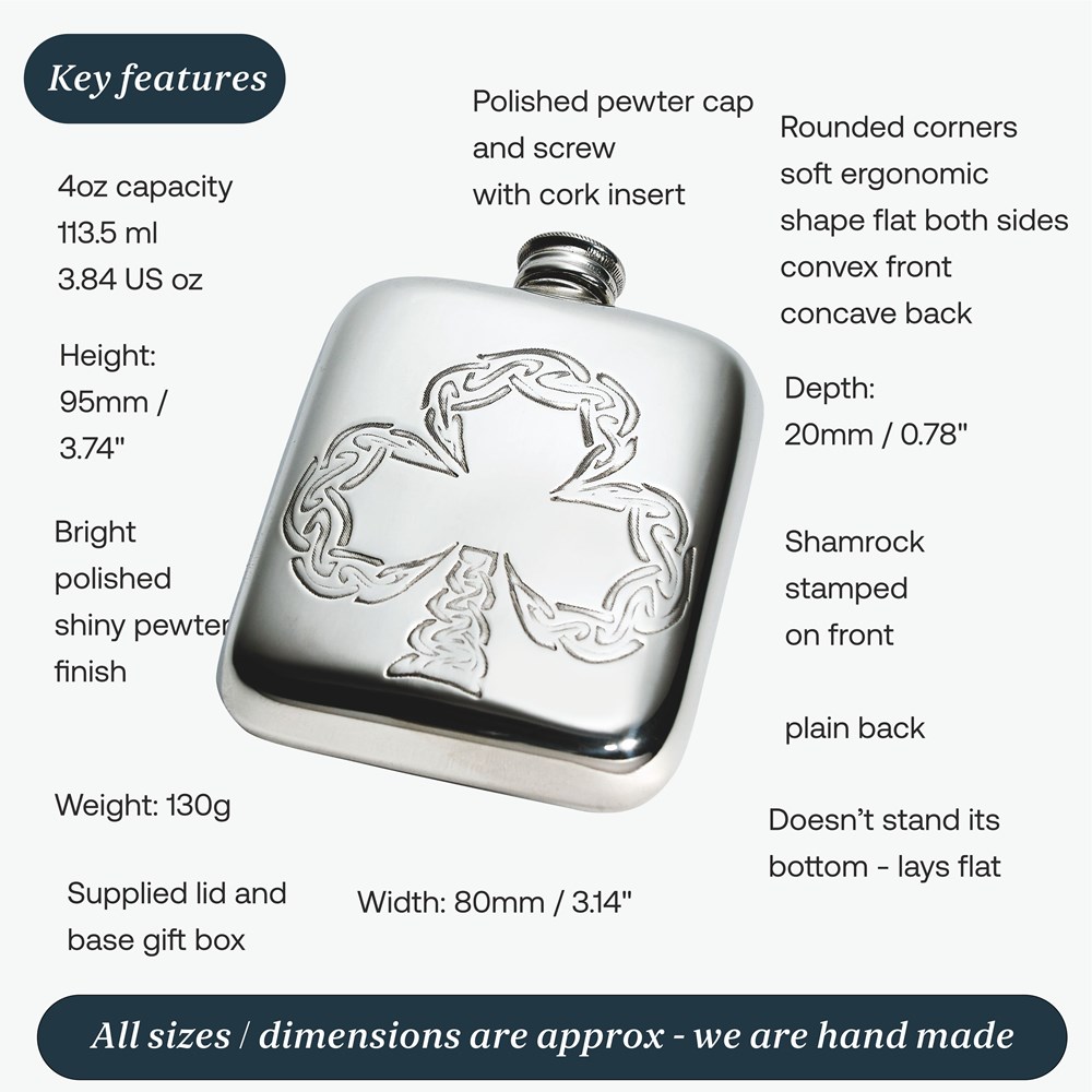 4oz Shamrock Pewter Pocket Flask 4oz Shamrock Pewter Pocket Flask