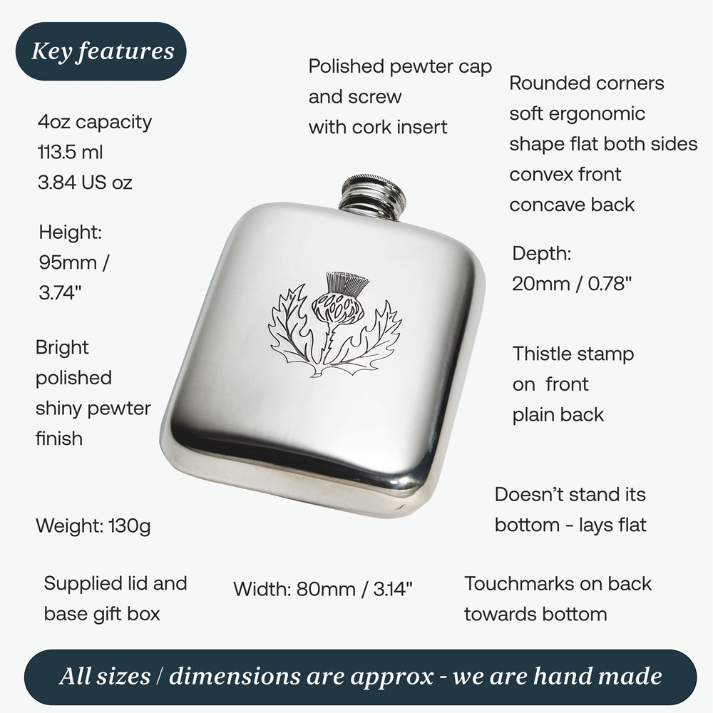 4oz Thistle Stamp Pewter Pocket Flask 4oz Thistle Stamp Pewter Pocket Flask
