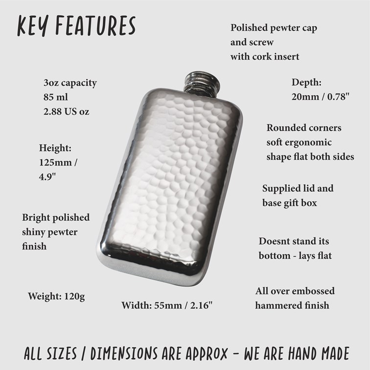 3oz Hammered Pewter Pocket Flask 3oz Hammered Pewter Pocket Flask