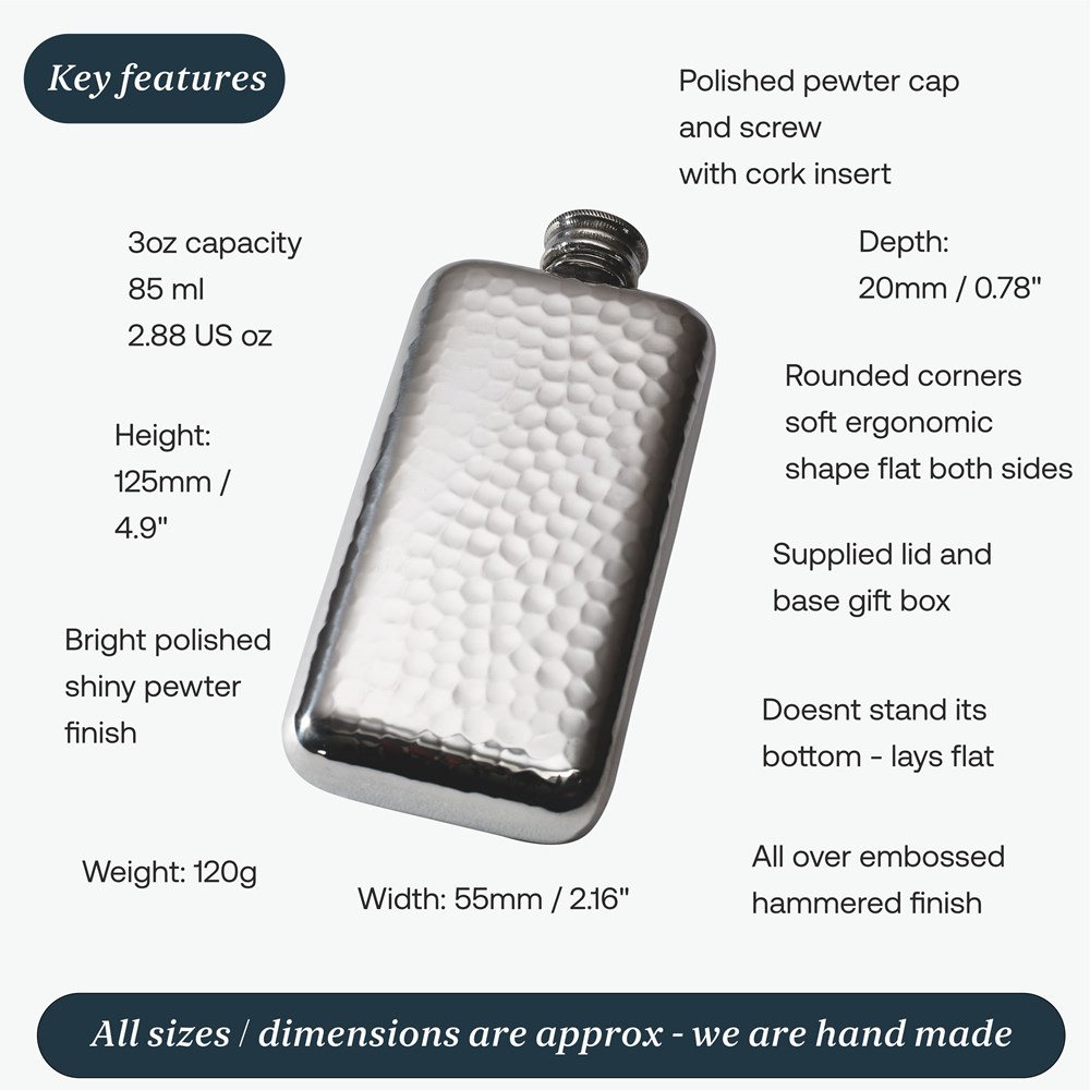 3oz Hammered Pewter Pocket Flask 3oz Hammered Pewter Pocket Flask