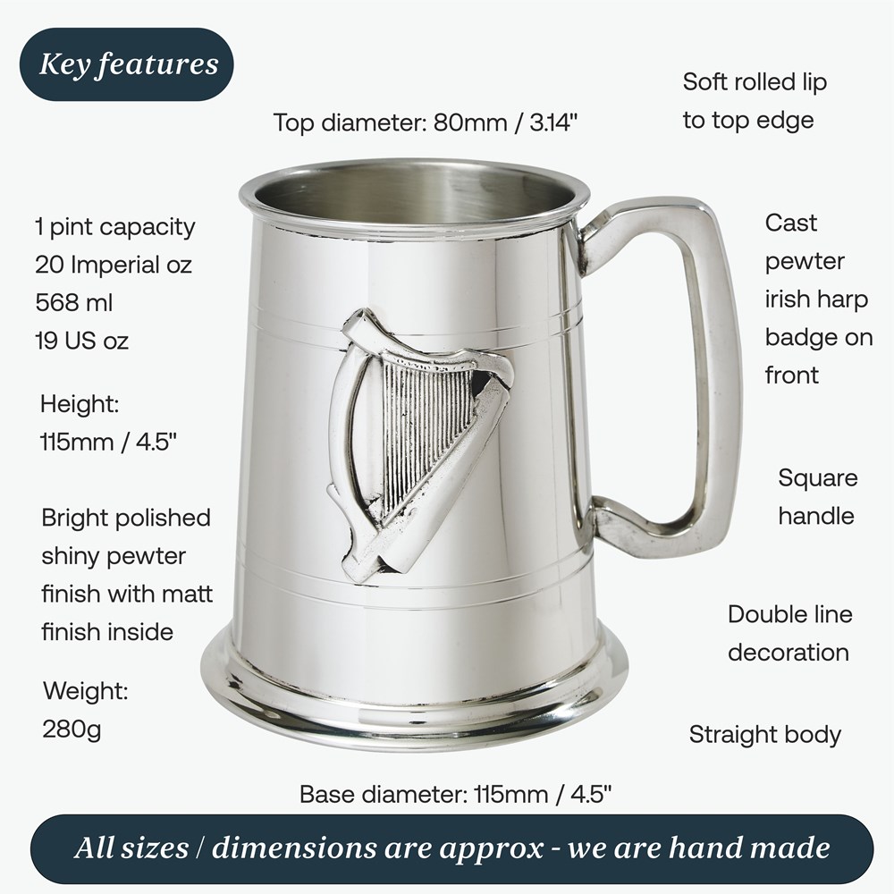 Irish Harp Badge One Pint Pewter Tankard Irish Harp Badge One Pint Pewter Tankard