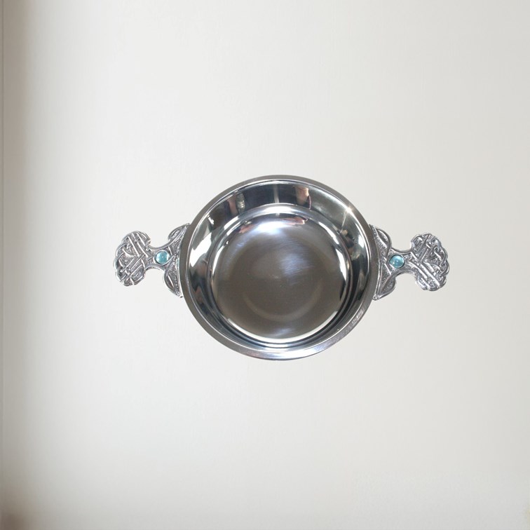 Birthstone Pewter Quaich March With Aquamarine Stones Top View of Birthstone pewter quaich March with Aquamarine Stones
