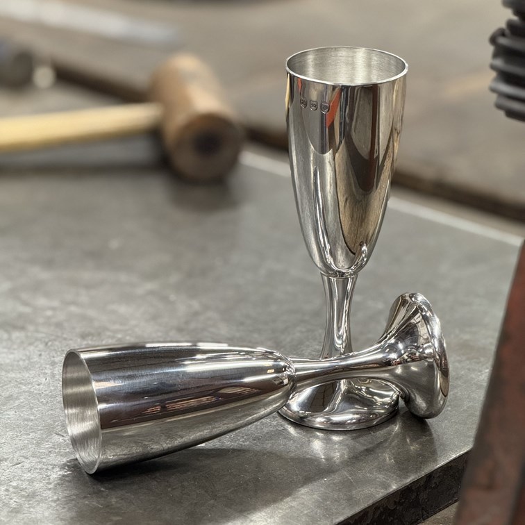 Pair Of Polished Pewter Celebration Flutes Pair Of Polished Pewter Celebration Flutes