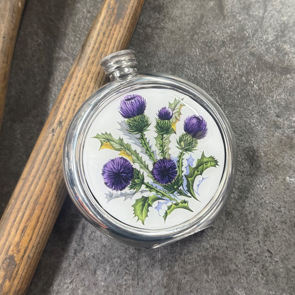 6oz Round Thistle Pewter Picture Flask 6oz Round Thistle Pewter Picture Flask