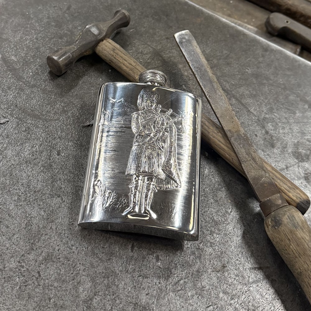 3oz Embossed Piper Pewter Top Pocket Flask