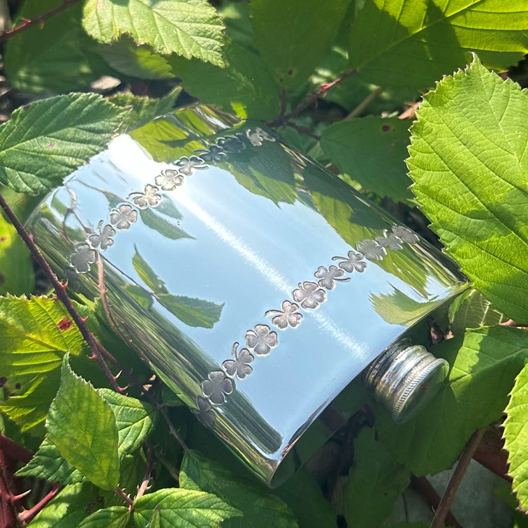 6oz Shamrock Pewter Kidney Hip Flask