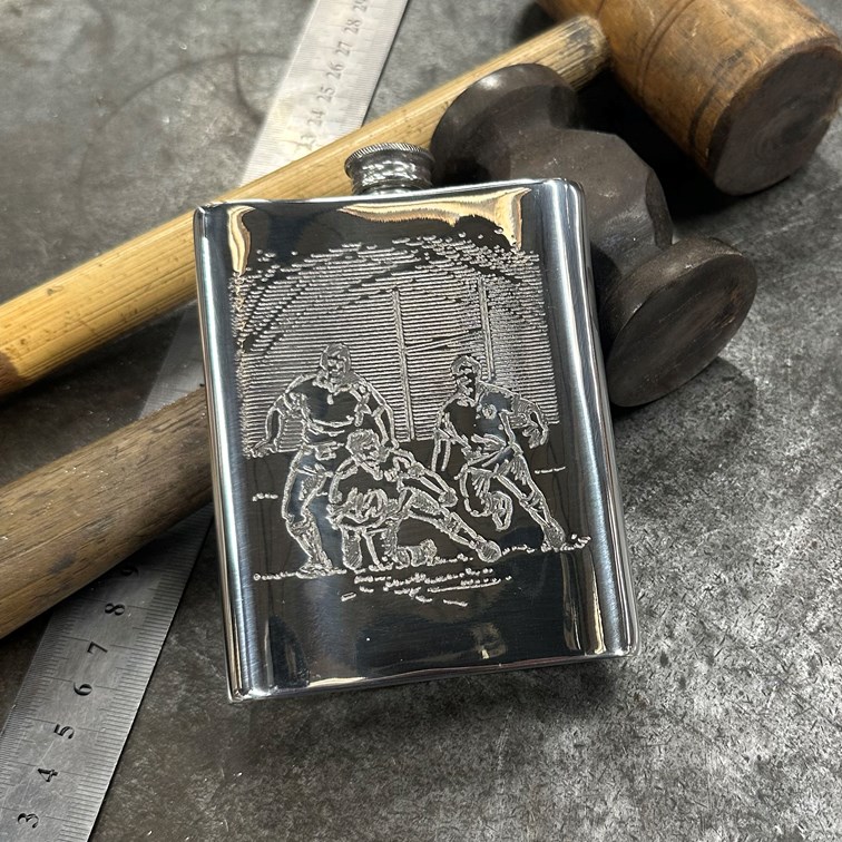 6oz Rugby Scene Pewter Kidney Hip Flask 6oz Rugby Scene Pewter Kidney Hip Flask
