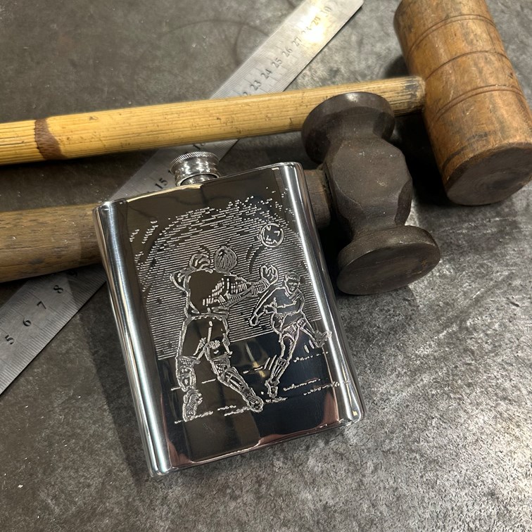 6oz Football Scene Pewter Kidney Hip Flask 6oz Football Scene Pewter Kidney Hip Flask