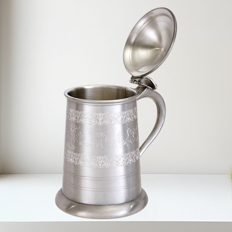 Medieval Hunting Scene Lidded Tankard Lid open on Medieval Tankard