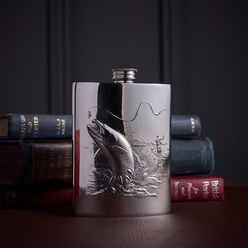 Embossed Fishing 6oz Pewter Kidney Flask