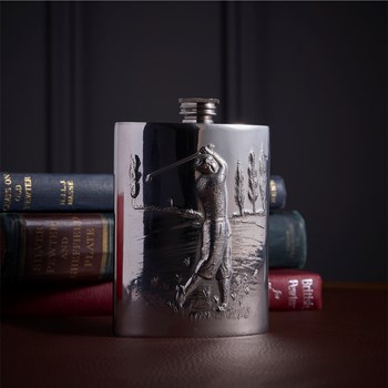 Embossed Golfer 6oz Pewter Kidney Flask
