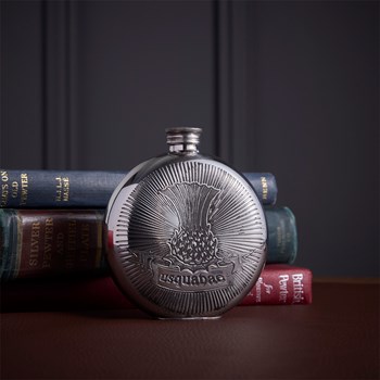 Round Usquabae Single Thistle Pewter Flask Round Usquabae Single Thistle Pewter Flask