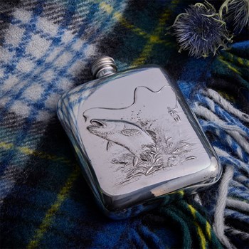 Fishing Embossed 6oz Pewter Pocket Flask