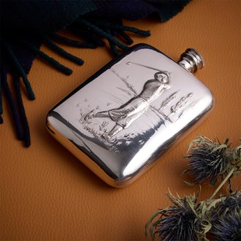 Golfer Embossed 6oz Pewter Pocket Flask