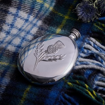 Heavy Embossed Thistle Pewter Sporran Flask