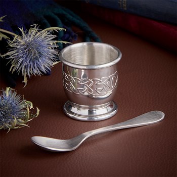 Embossed Celtic Pewter Egg Cup And Spoon