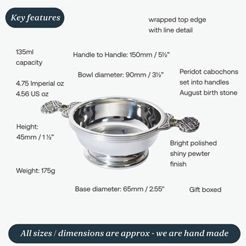 Birthstone Pewter Quaich August With Peridot Stones