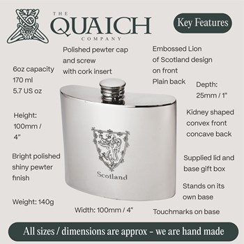 Lion Of Scotland 6oz Pewter Kidney Hip flask Lion Of Scotland 6oz Pewter Kidney Hip flask