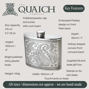 Paisley Pewter 6oz Kidney Hip flask Paisley Pewter 6oz Kidney Hip flask