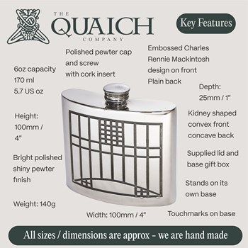 Charles Rennie Mackintosh 6oz Pewter Kidney Hip Flask
