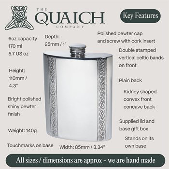 Vertical Celtic Bands 6oz Pewter Kidney Hip Flask