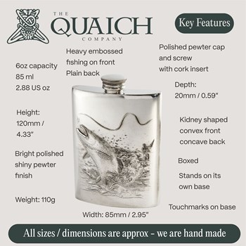 Embossed Fishing 6oz Pewter Kidney Flask Embossed Fishing 6oz Pewter Kidney Flask