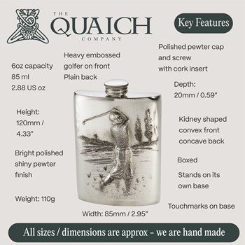 Embossed Golfer 6oz Pewter Kidney Flask