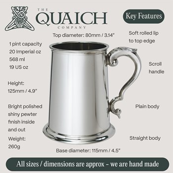 Plain Scroll Handle One Pint Pewter Tankard Plain Scroll Handle One Pint Pewter Tankard