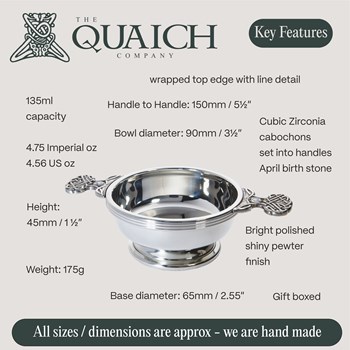 April  Birthstone Pewter Quaich With Cubic Zicorna Stones