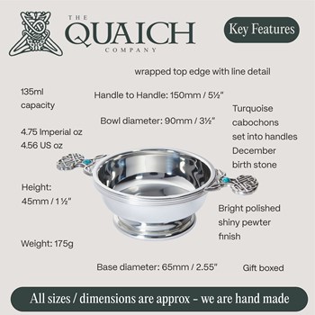 December  Birthstone Pewter Quaich With Turquoise Stones