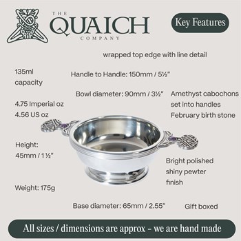 February  Birthstone Pewter Quaich With Amethyst Stones
