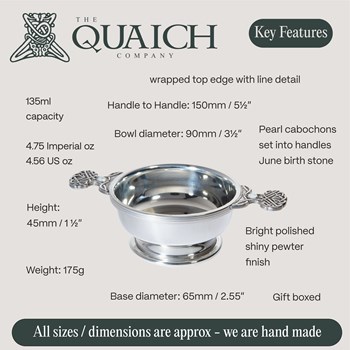 June Birthstone Pewter Quaich With Pearl Stones June Birthstone Pewter Quaich With Pearl Stones