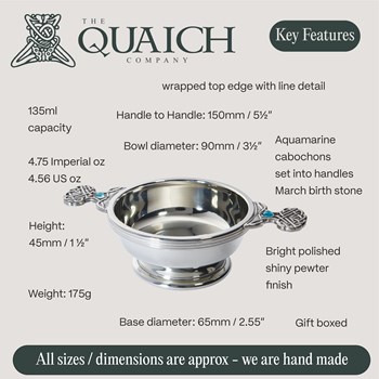 March Birthstone Pewter Quaich With Aquamarine Stones March Birthstone Pewter Quaich With Aquamarine Stones