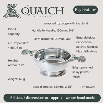 May Birthstone Pewter Quaich With Emerald Stones May Birthstone Pewter Quaich With Emerald Stones