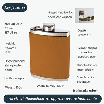 6oz English Tan Leather Captive Top Pewter Flask