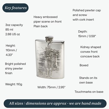 3oz Embossed Piper Pewter Top Pocket Flask