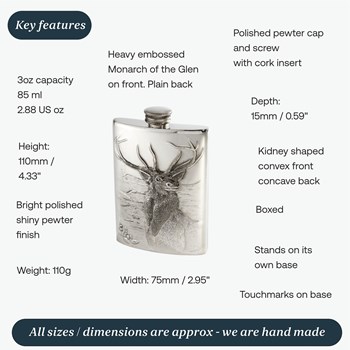 3oz Embossed Monarch of the Glen Top Pocket Flask 3oz Embossed Monarch of the Glen Top Pocket Flask
