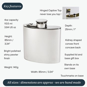 4oz Plain Pewter Kidney Hip Flask With Captive Top