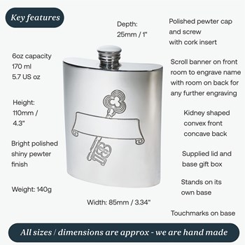 18 Key Stamp Pewter Kidney Hip Flask