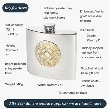 6oz Celtic Gold Pewter Kidney Hip Flask