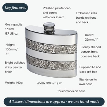 6oz Kells Pewter Kidney Hip Flask 6oz Kells Pewter Kidney Hip Flask