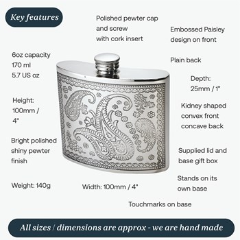 6oz Paisley Pewter Kidney Pewter Hip flask